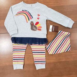 My First Thanksgiving Day Baby Girl's 3 Pc Outfit Embroidery Turkey Tulle Trim